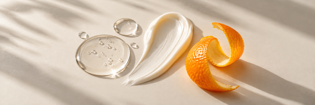 Gouttes de sérum, texture de crème et zeste d’orange évoquant les actifs de soins du visage