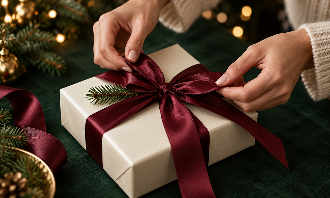 Préparation d’un coffret cadeau avec un ruban bordeaux pour les Fêtes