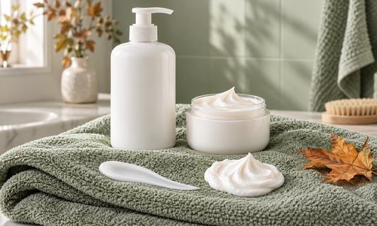 Lait corporel et crème illustrés par deux textures sur une serviette de bain