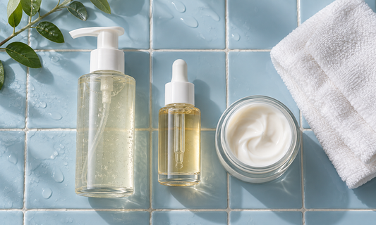 Trois essentiels de soins visage disposés sur un carrelage bleu clair
