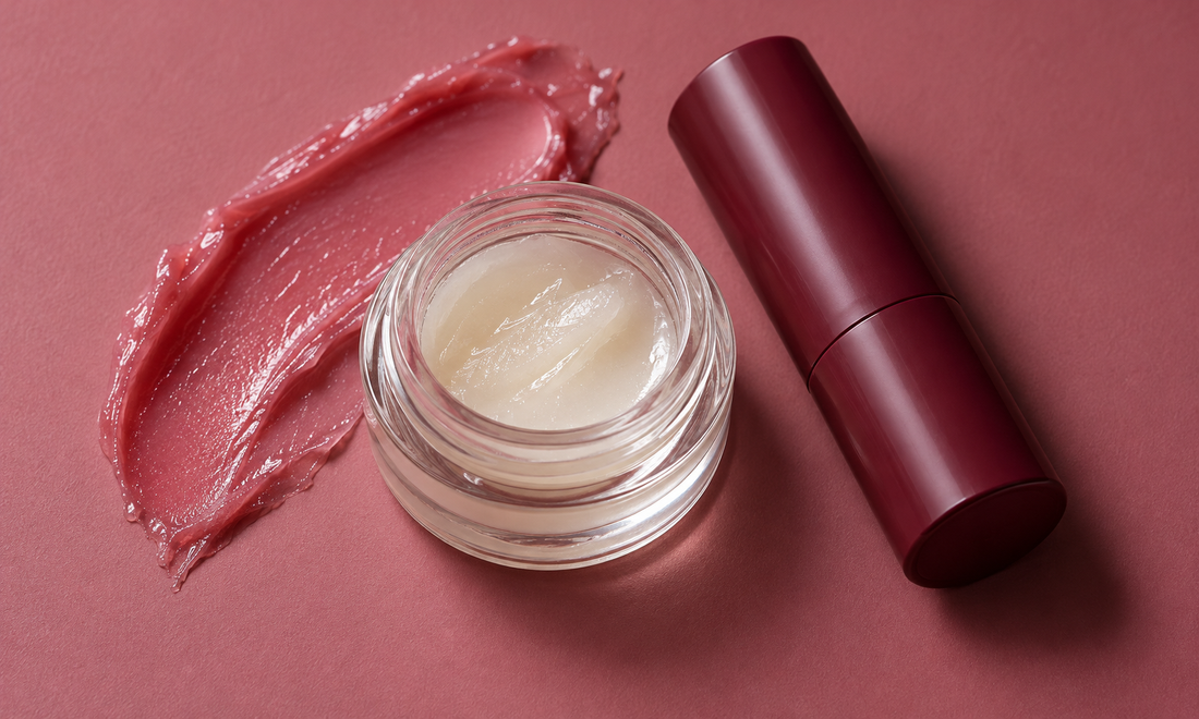 Baume transparent et texture teintée illustrant les soins des lèvres